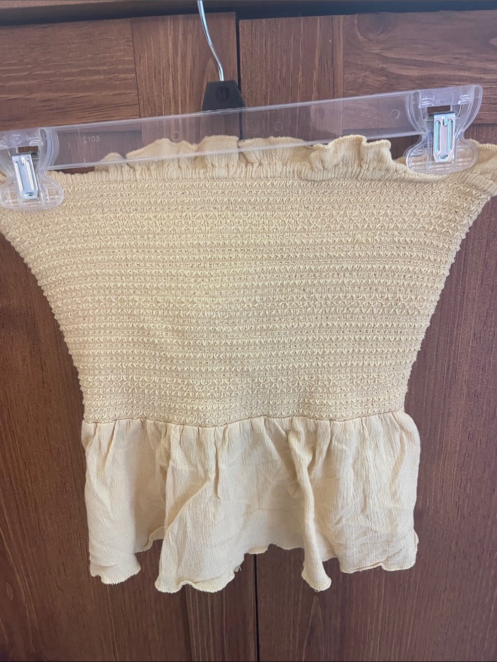 La Hearts Light Yellow Smocked Strapless Peplum Crop Top